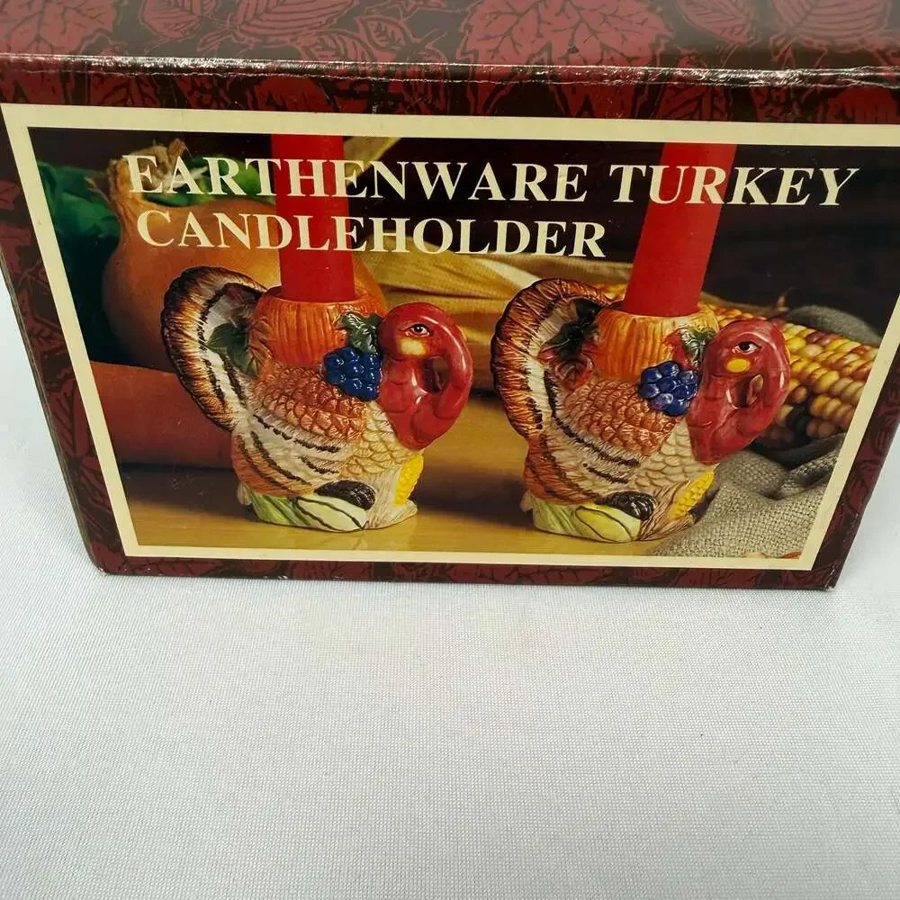 Vintage Earthenware Thanksgiving Turkey Candle Holder Set of 2